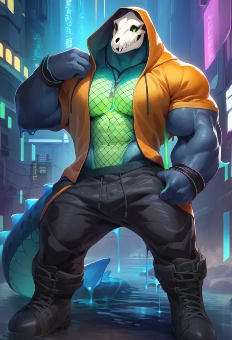 Cyberpunk, anthro, slime, dark blue slime body, water slime, alligator skull on head, boney alligator skull, green glowy eyes, short sleeves, opened up hoodie, hood, abs, hefty pecs, adjusting hoodie with hands, multicolor bar dance, futuristic, black lo...