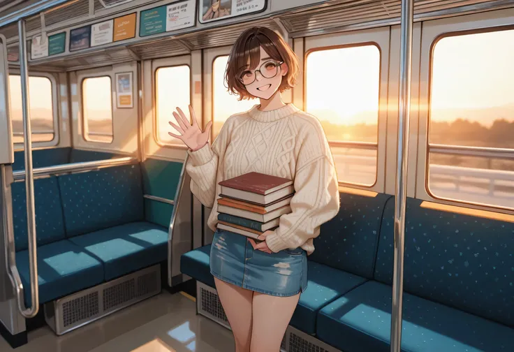 Extterior view of a bus, a girl outside of a bus and boarding the bus, morning, a cute nerdy girl, wearing a big sweater, thick-rimmed glasses, messy brown short hair, denim skirt, highly detailed, masterpiece, vibrant colors, warm lighting, wool sweater w...
