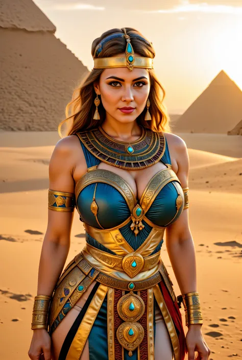 A stunning young woman dressed in a regal Ancient Egyptian gown, adorned with golden jewelry and a headdress featuring turquoise gems. She stands in front of the grand pyramids of Giza, with the warm glow of the setting sun casting long shadows across the ...