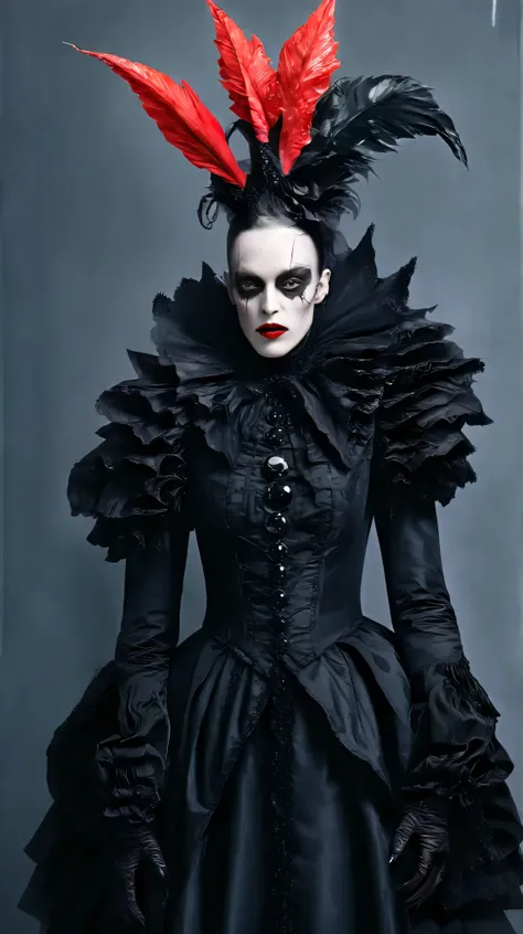 Tim Walker inspired, fashion photography, whimsical settings, surreal elements, creative storytelling, vibrant colors, (detailed face:1.05), hyperrealistic, Photorealistic. Gothic