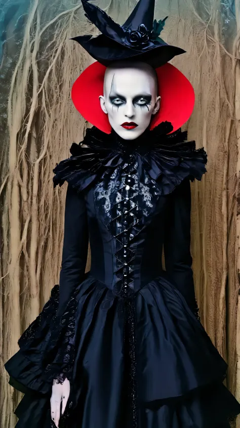 Tim Walker inspired, fashion photography, whimsical settings, surreal elements, creative storytelling, vibrant colors, (detailed face:1.05), hyperrealistic, Photorealistic. Gothic