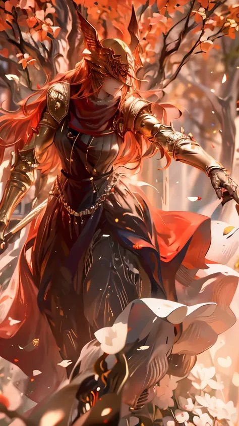  Character Malenia from the game Elder Ring leaping towards the viewer with a slashing attack from her sword, her blood-red hair fluttering in the middle of an action scene, her sword and armor relux, red particles hovering in the air and covering the grou...
