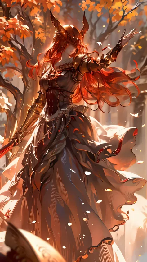  Character Malenia from the game Elder Ring leaping towards the viewer with a slashing attack from her sword, her blood-red hair fluttering in the middle of an action scene, her sword and armor relux, red particles hovering in the air and covering the grou...