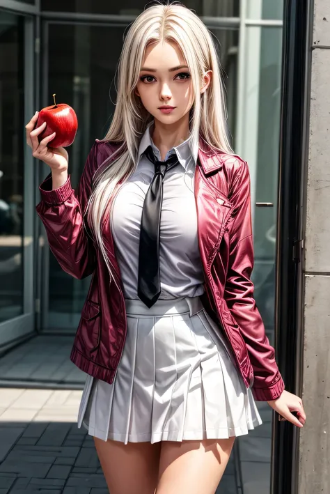 woman with long white hair, camisa branca, white miniskirt school uniform style, pink jacket over the shirt, holding a red apple