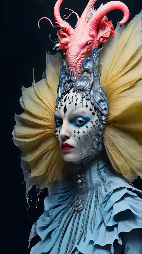 Tim Walker inspired, Close-up fashion photography, whimsical settings, surreal elements, creative storytelling, vibrant colors, (detailed face:1.05), hyperrealistic, Photorealistic. Gothic