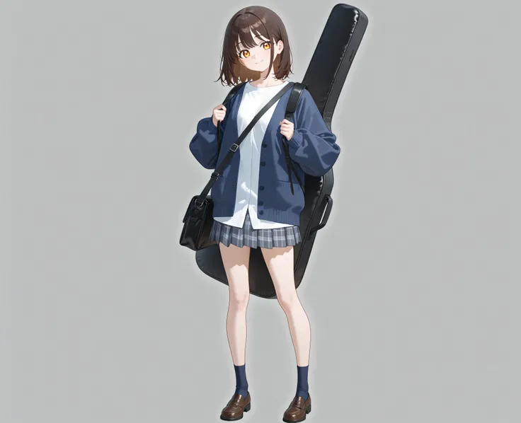 best quality, high quality, masterpiece, full body, whole body, front, standing pose, transparent background, anime art style, finely detailed beautiful eyes and detailed face, pixiv, mishoujo, short fluffy dark brown hair, amber eyes, wearing a navy blue ...