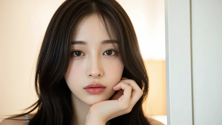 a hyper-realistic selfie of a stunningly beautiful Korean female idol, soft diffused natural light, perfect skin texture with light pores and slight glow, deep expressive eyes with catchlights, natural glossy lips, long silky black hair, slightly tousled, ...
