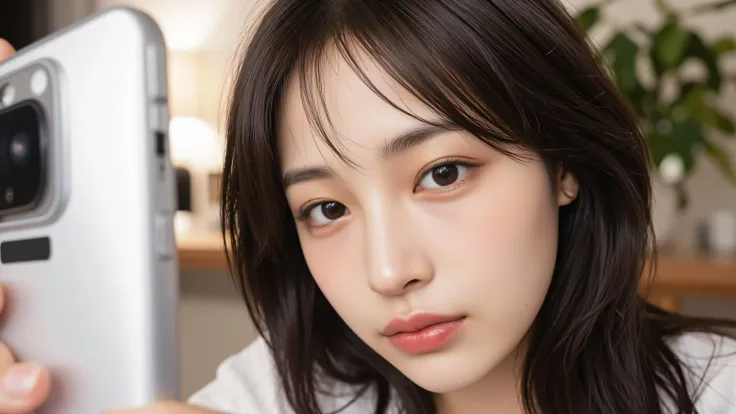 a hyper-realistic selfie of a stunningly beautiful Korean female idol, soft diffused natural light, perfect skin texture with light pores and slight glow, deep expressive eyes with catchlights, natural glossy lips, long silky black hair, slightly tousled, ...