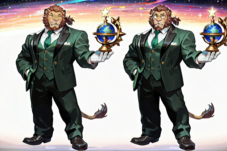 Cornelius, Horthgar, lion head, no markings, no mane, no defects, brown ponytail hairstyle, handsome, distinguished, gentleman, wears tiny perfect round glasses, green butler outfit、white gloves, perfect goatee, casting limit break 3、looking comfortable、Mo...
