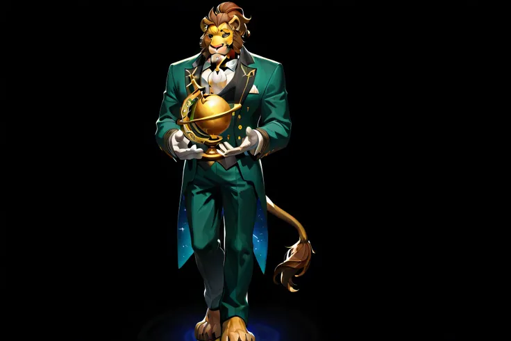 Cornelius, Horthgar, lion head, no markings, no mane, no defects, brown ponytail hairstyle, handsome, distinguished, gentleman, wears tiny perfect round glasses, green butler outfit、white gloves, perfect goatee, casting limit break 3、looking comfortable、Mo...