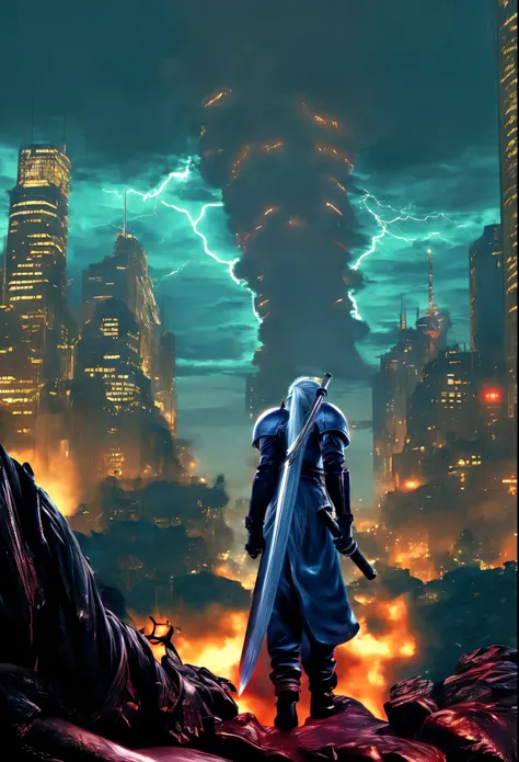 god sephiroth in front of shinra inc. in lightning blue, in green blue coloration, show me midgar as a big city, big city life beats, steam is coming out of shinra inc., final fantasy 7 style
