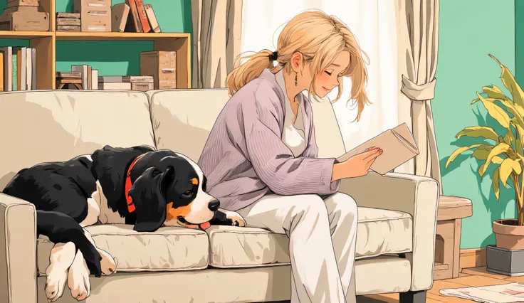 Anime-style illustration, mid-closeup of a cheerful 25-year-old blonde woman with a messed half-up ponytail, sitting on a long modern beige sofa with relaxed posture. She wears a lavender knit cardigan over a white shirt and soft cotton lounge pants. Her e...