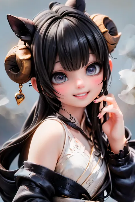 A whimsical portrait of a petite horned maiden, dressed in dark, flowing attire, with a charming villain's wicked grin. She poses confidently, horns glistening in soft, golden lighting, against a mysterious, misty forest backdrop. The camera captures her m...