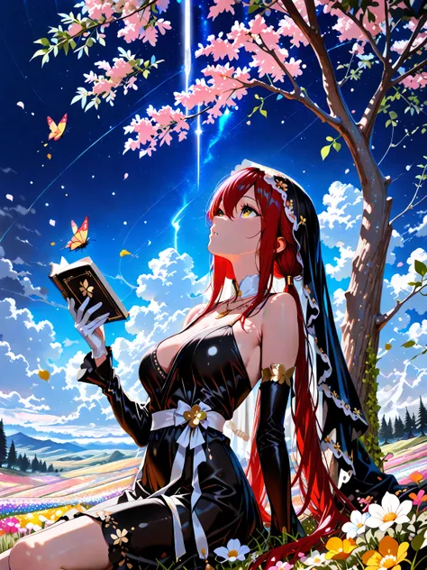 scenery, (from below, upper body, looking up, facing up, looking to the side, from side), (1 girl , golden eyes , very long hair , long sidelocks, red hair ,half updo, petite , very cute , beautiful ,Straight hair, cool, handsome, hair between eyes, sexy, ...