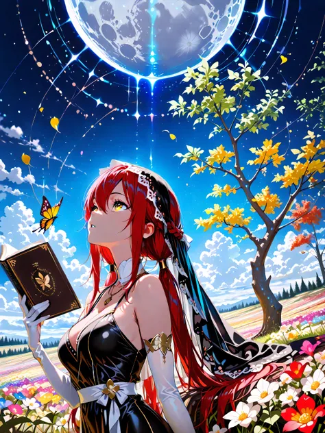 scenery, (from below, upper body, looking up, facing up, looking to the side, from side), (1 girl , golden eyes , very long hair , long sidelocks, red hair ,half updo, petite , very cute , beautiful ,Straight hair, cool, handsome, hair between eyes, sexy, ...
