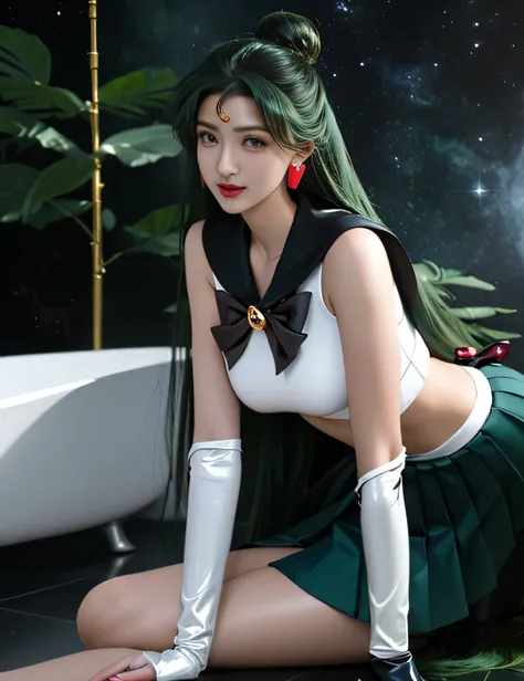 Ful:1., ((shy smiling flirting)) 、De baixo、((battle stance))、SEXY Model Dynamic Pose、dynamic nail、propriedade_Uma equipe,((pele escura:1.5)),(maternal,housewife,1 female,)、40 anos、obra prima、..3d、realisitic、Ultra Micro Photography、superior quality bathtub、...