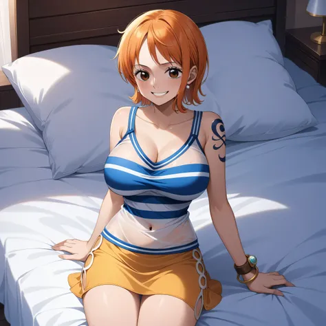 (masterpiece, Best Quality, very aesthetic, Super Detail), Complicated Details, 4K, Anami ,  hair bow, earrings, brown eyes in the bedroom, shoulder tattoo, , clavicle, Bare shoulders, orange hair, short hair, brown eyes in the bedroom, white shirt, stripe...