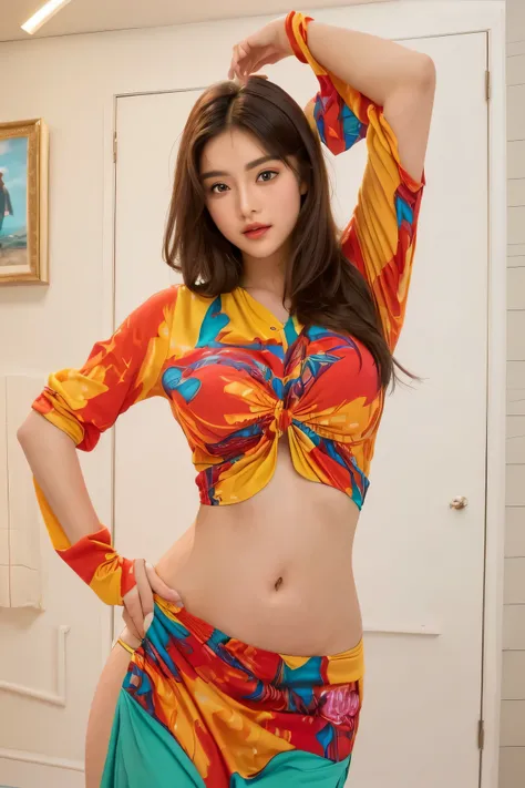 a close up of yhivi in a colorful outfit posing for a picture, movie stills, high quality movie still, movie film still, print ready, movie stills photography, film movie still, promotional movie still, still from movie, dynamic movie still, movie still, b...