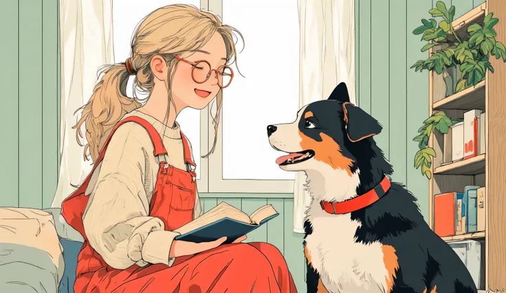 Anime-style illustration, mid-closeup of a cheerful 25-year-old blonde woman with a soft half-up ponytail and loose strands framing her face, facing forward with a big warm smile — eyes closed in delight, holding an open book close to her chest. She wears ...