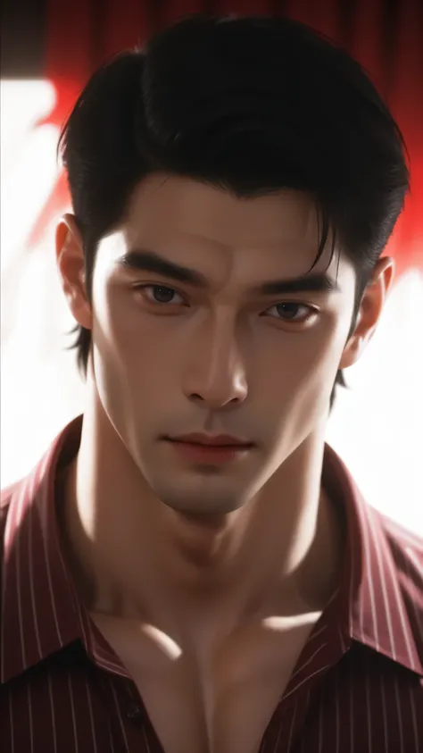 1male,solo,korean,black hair,slicked back,black eyes,crimson pinstripe shirt,big muscle,cool face,Mafia,boss,