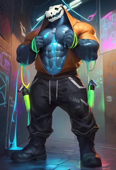 Cyberpunk, anthro, slime, dark blue slime body, water slime, alligator skull on head, boney alligator skull, green glowy eyes, short sleeves, opened up hoodie, hood, abs, hefty pecs, adjusting hoodie with hands, multicolor bar dance, futuristic, black lo...