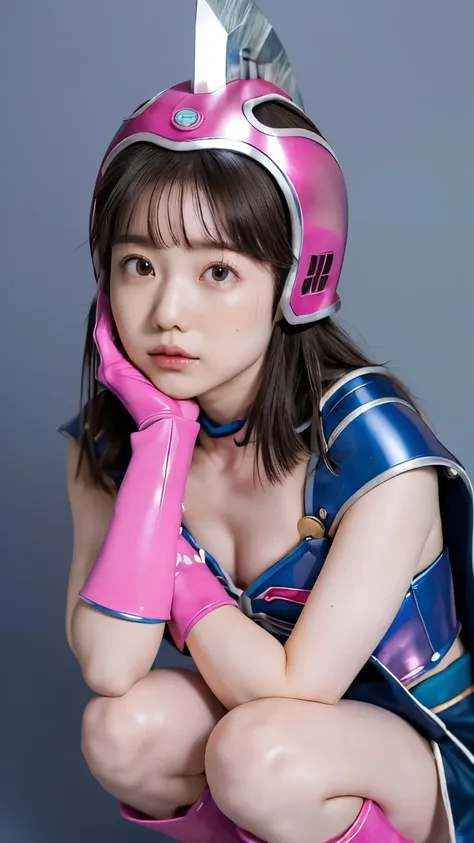 1girl、(full body)、realistic、(((Max Masterpiece、Highest Quality、high definition)))、Professional Lighting、Japanese、cute、thin、Ayaka Hironaka、((Chichi's Costume in Dragon Ball、pink helmet、pink gloves、pink boots、navy blue shoulder pads、navy blue metal bikini ar...