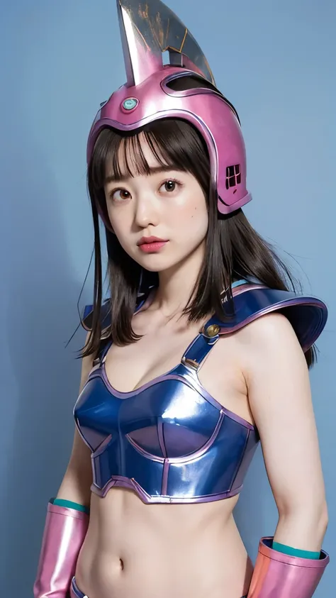 1girl、(full body)、realistic、(((Max Masterpiece、Highest Quality、high definition)))、Professional Lighting、Japanese、cute、thin、Ayaka Hironaka、((Chichi's Costume in Dragon Ball、pink helmet、pink gloves、pink boots、navy blue shoulder pads、navy blue metal bikini ar...