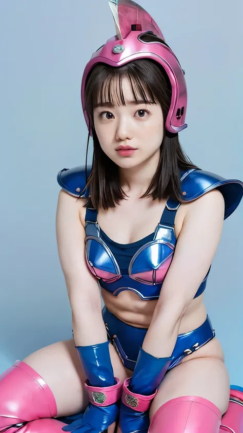 1girl、(full body)、realistic、(((Max Masterpiece、Highest Quality、high definition)))、Professional Lighting、Japanese、cute、thin、Ayaka Hironaka、((Chichi's Costume in Dragon Ball、pink helmet、pink gloves、pink boots、navy blue shoulder pads、navy blue metal bikini ar...