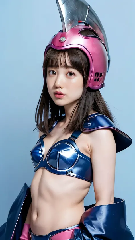 1girl、(full body)、realistic、(((Max Masterpiece、Highest Quality、high definition)))、Professional Lighting、Japanese、cute、thin、Ayaka Hironaka、((Chichi's Costume in Dragon Ball、pink helmet、pink gloves、pink boots、navy blue shoulder pads、navy blue metal bikini ar...