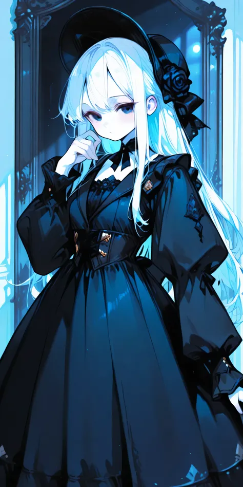 Anime girl has long white hair, dark blue eyes and white skin and wears a Victorian costume