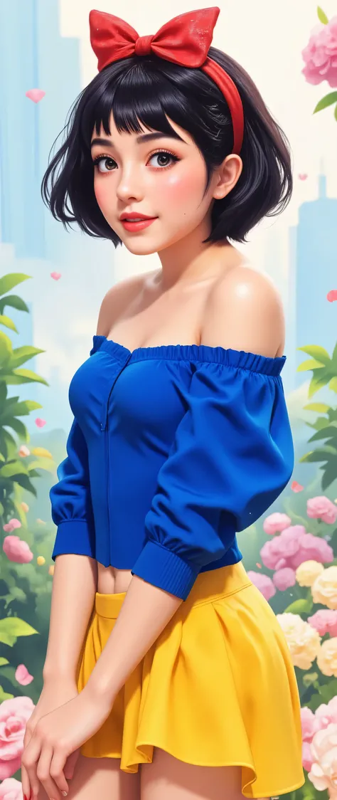 1woman, fair skin color, smiling, black hair, short hair, red hairband with butterfly knot, royale blue color off shoulder, short yellow skirt, red lips, light grey color eyes, bright eyes,