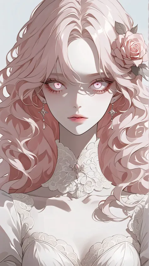 1 Female 9, Intelligent Beauty, white eyes, and pale rose color hair, long wavy hair, fine thin hair, sharp eyes, milky pale skin, She is elegant and graceful, and equally dangerous.