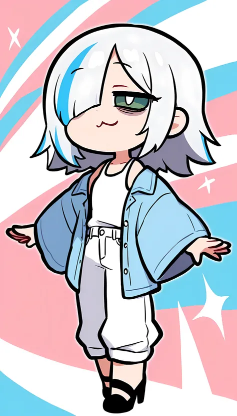 pop art, vivid passion color style, cool punk chibi mix, masterpiece, best quality, high quality, good quality, pastel colors, masterpice, deformed style , 1girl,solo,solo girl, medium hair, silver hair, ((highlights hair, blue streaked hair)), hair over o...