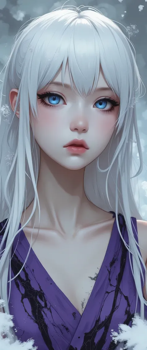 1girl, smiling, fair skin, perfectly straight white hairs, sky blue eyes, sleeveless violet V-neck T-shirt with black and purple texture, shiny black lips, black eyeshadows,