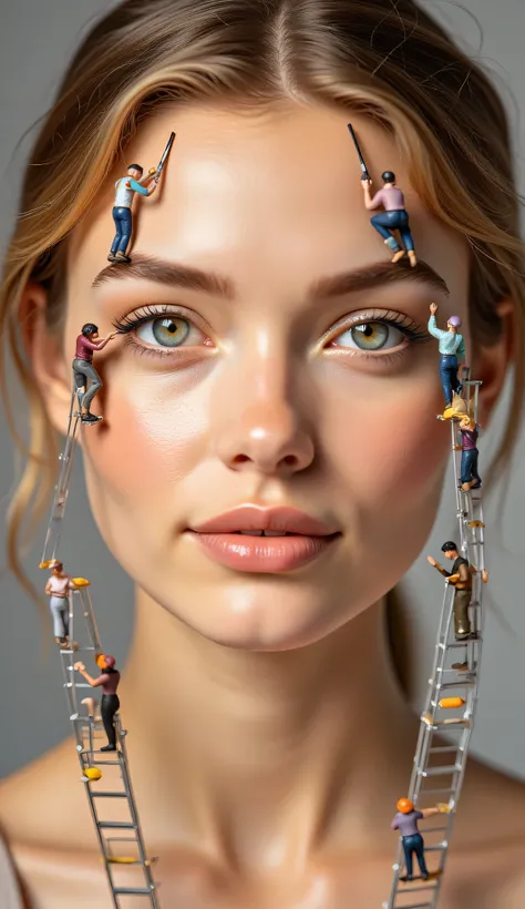 ChatGPT
You said:
Write a prompt to generate an image of a beautiful young woman's ultra realistic face with a bunch of ultra realistic miniature human figures making up her face with various cosmetics using ladders and cranes.
ChatGPT said:
You're giving ...