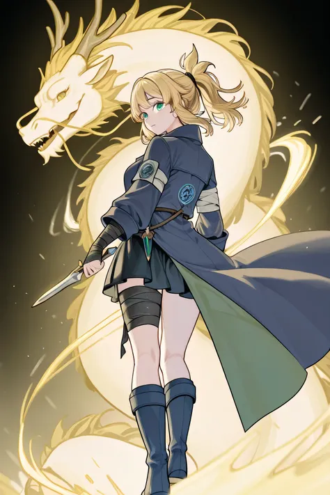 Beautiful girl with blonde hair tied in a ponytail, greenish-cyan eyes, with a long dark blue overcoat, with a thin body wrapped in black bands, body entirely bandaged, with a short black skirt and long blue boots like the overcoat, character holding a dag...