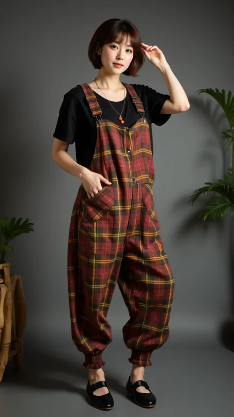 8k, Masterpiece, Top Quality, full shot, beautiful Korean woman, playful brown pixie cut, relaxed stance with one hand in pocket of voluminous plaid overalls and other hand raised near shoulder, wearing a black short-sleeved top layered under baggy plaid overalls (maroon, yellow-orange, dark green/grey plaid) with gathered ankles, patch pockets, and a playful balloon-leg silhouette, black Mary Jane style flat shoes, long necklace with large flat round red/orange beads, soft even studio lighting, plain dark grey studio backdrop with a hint of green foliage.

