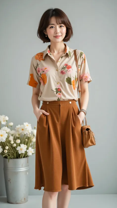 8k, Masterpiece, Top Quality, medium shot, beautiful Korean woman, soft brown pixie cut with gentle bangs, gentle smile with a downward gaze, one hand in skirt pocket, holding a small patchwork suede shoulder bag, relaxed natural stance, wearing a collared...