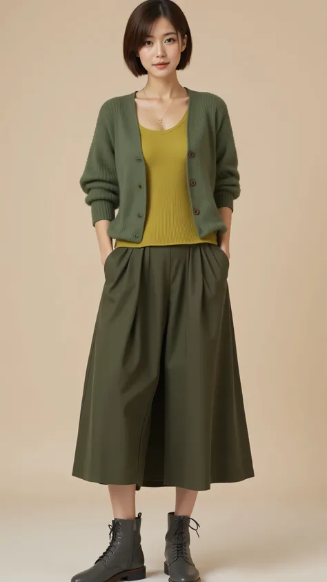 8k, Masterpiece, Top Quality, full shot, beautiful Korean woman, textured brown pixie cut, relaxed comfortable stance with hands in pockets, wearing a medium green short-sleeved wide-neck knit top layered over a yellowish-green long-sleeved inner top, dark...