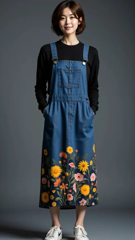8k, Masterpiece, Top Quality, full shot, beautiful Korean woman, textured brown pixie cut, relaxed casual stance with hands lightly in pockets of overall dress, wearing a black long-sleeved top layered under a denim overall dress featuring a plain denim bi...