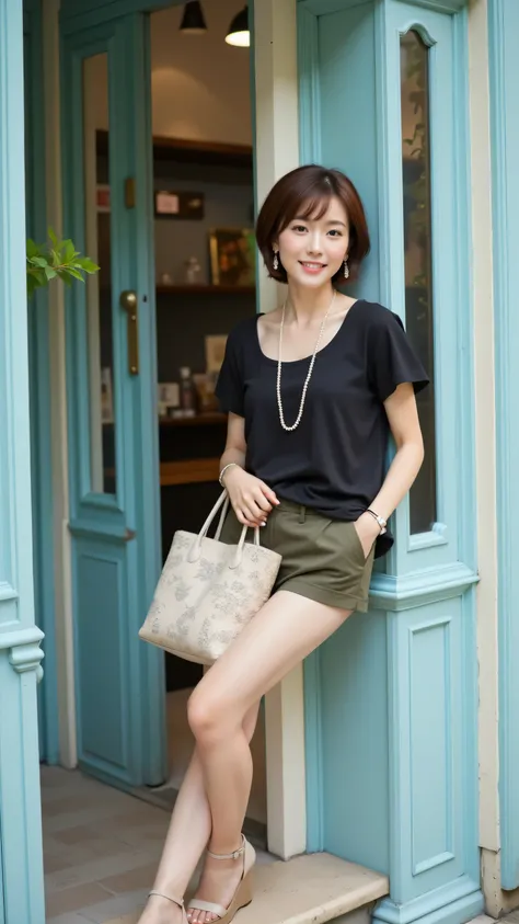 8k, Masterpiece, Top Quality, full shot, beautiful Korean woman, textured brown pixie cut, smiling, playfully leaning against a light blue doorway of a shopfront, wearing a black flutter-sleeve top and olive green mini shorts, beige platform wedge sandals,...