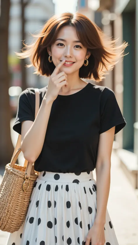 8k, Masterpiece, Top Quality, full shot, beautiful Korean woman, playful coy smile, hand covering mouth, windswept light brown pixie cut, deep black T-shirt, vibrant white pleated midi skirt with black polka dots, carrying woven basket bag with gold ring h...