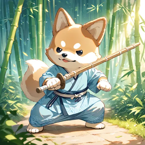 (masterpiece, best quality, ultra-detailed), a cute stylized anthropomorphic semi-human Shiba Inu with a rounded face, small black puppy-like eyes, short light brown fur with white markings, and symmetrical forward-facing ears, is standing firmly in a bamb...