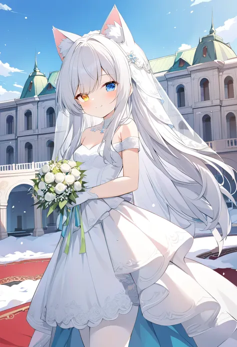 long hair,Silver Hair, girl,Cat ears,alone,Heterochromia(Left blue right yellow),white wedding dress,white stockings,Western European style,white gloves,Hand-held bouquet,standing,Chang Liu,Blue sky,Smile,palace,Veil,Red Carpet,Snow,square, up close