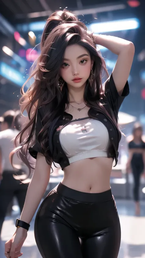 1人の女の子 魚眼レンズ 1girl black_hair black_pants black_sports_bra blush breasts covered_erect_nipples cropped_shirt grey_hair hair_ornament highres large_breasts long_hair looking_at_viewer multicolored_hair navel pants red_eyes sakamata_chloe shirt short_sleeve...