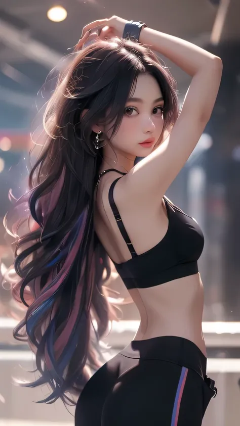 1人の女の子 魚眼レンズ 1girl black_hair black_pants black_sports_bra blush breasts covered_erect_nipples cropped_shirt grey_hair hair_ornament highres large_breasts long_hair looking_at_viewer multicolored_hair navel pants red_eyes sakamata_chloe shirt short_sleeve...