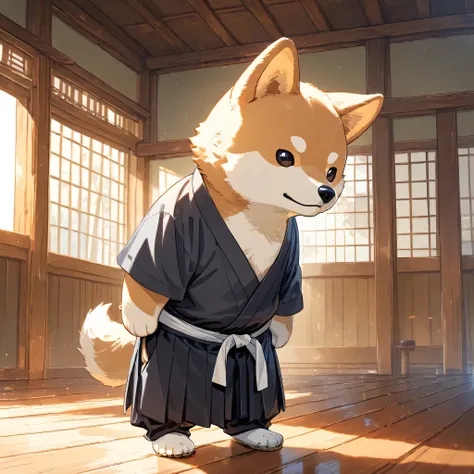 (masterpiece, best quality, ultra-detailed), a cute stylized anthropomorphic semi-human Shiba Inu with a rounded face, small black puppy-like eyes, short light brown fur with white markings, and symmetrical forward-facing ears, is standing alone inside a t...
