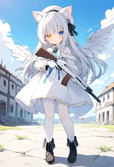 long hair,Silver Hair, girl,Cat ears,alone,Heterochromia(Left blue right yellow),white robe,white pantyhose,Western European style,Miniature Wing,Flat ground,white gloves,white beret,standing,Neat bangs,Hair over the eyes.,white shotgun,Holding a gun, blac...