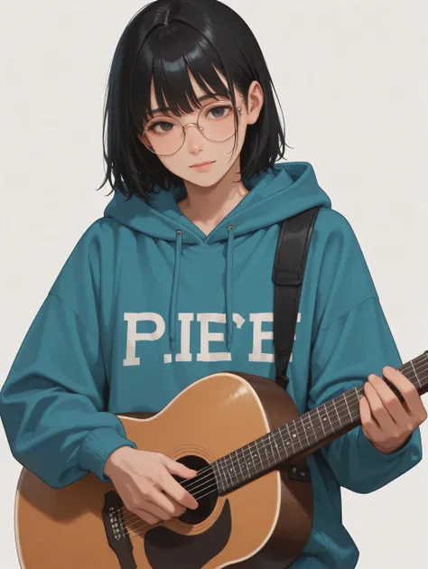 Japanese man、black hair、 wearing round glasses、wearing a hoodie、Playing an acoustic guitar、high school students、high image quality、