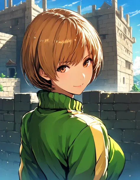 1girl, satonaka chie, fire emblem, year 2016, upper body, fort, blue sky, masterpiece, high score, great score, absurdres, 16k, super detail